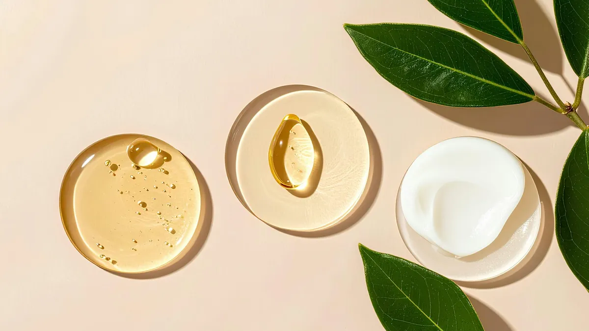 Un gel, une huile et une crème de soin étalés sur des disques transparents, à côté de feuilles vertes, sur fond beige