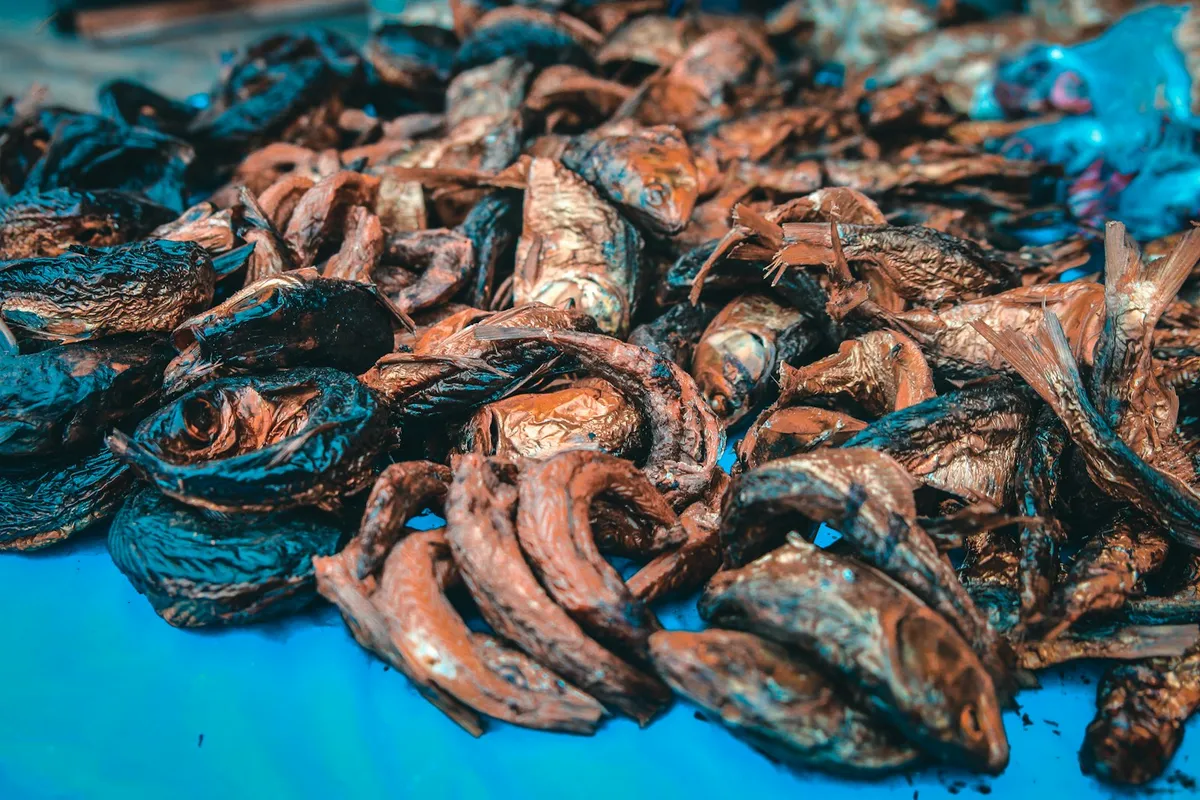 Tas de petits poissons séchés, à la peau dorée et noircie, posés sur une table bleue